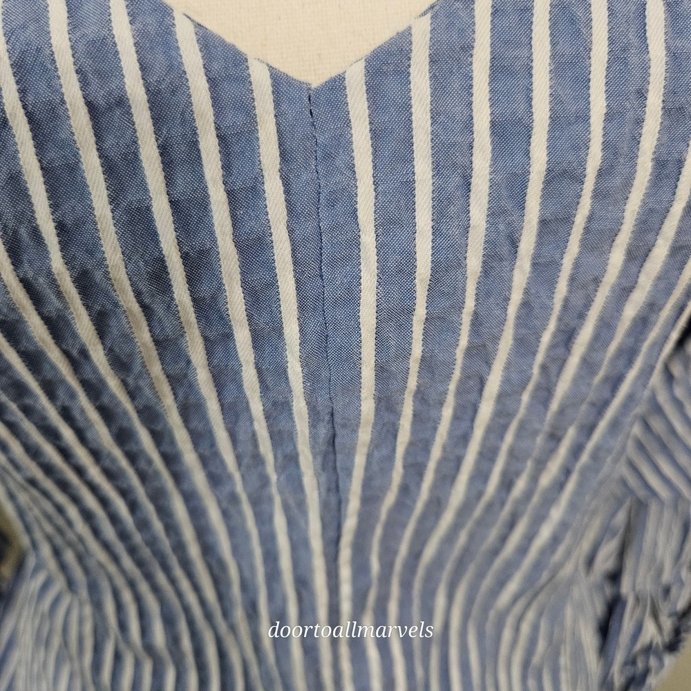 WHBM Seersucker Blouse Statement Ruffle Sleeve Smocked Waist Coastal sz 12 NWT - Picture 16 of 16